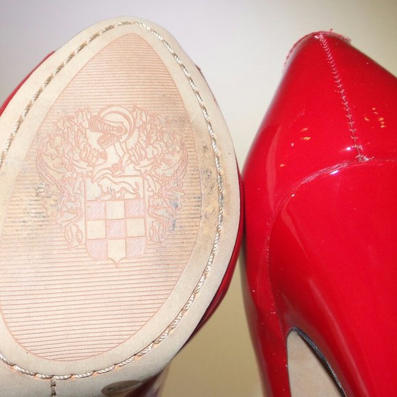 *SOLD* Red Patent Leather Peep Toe Pumps - Picture 5 of 8